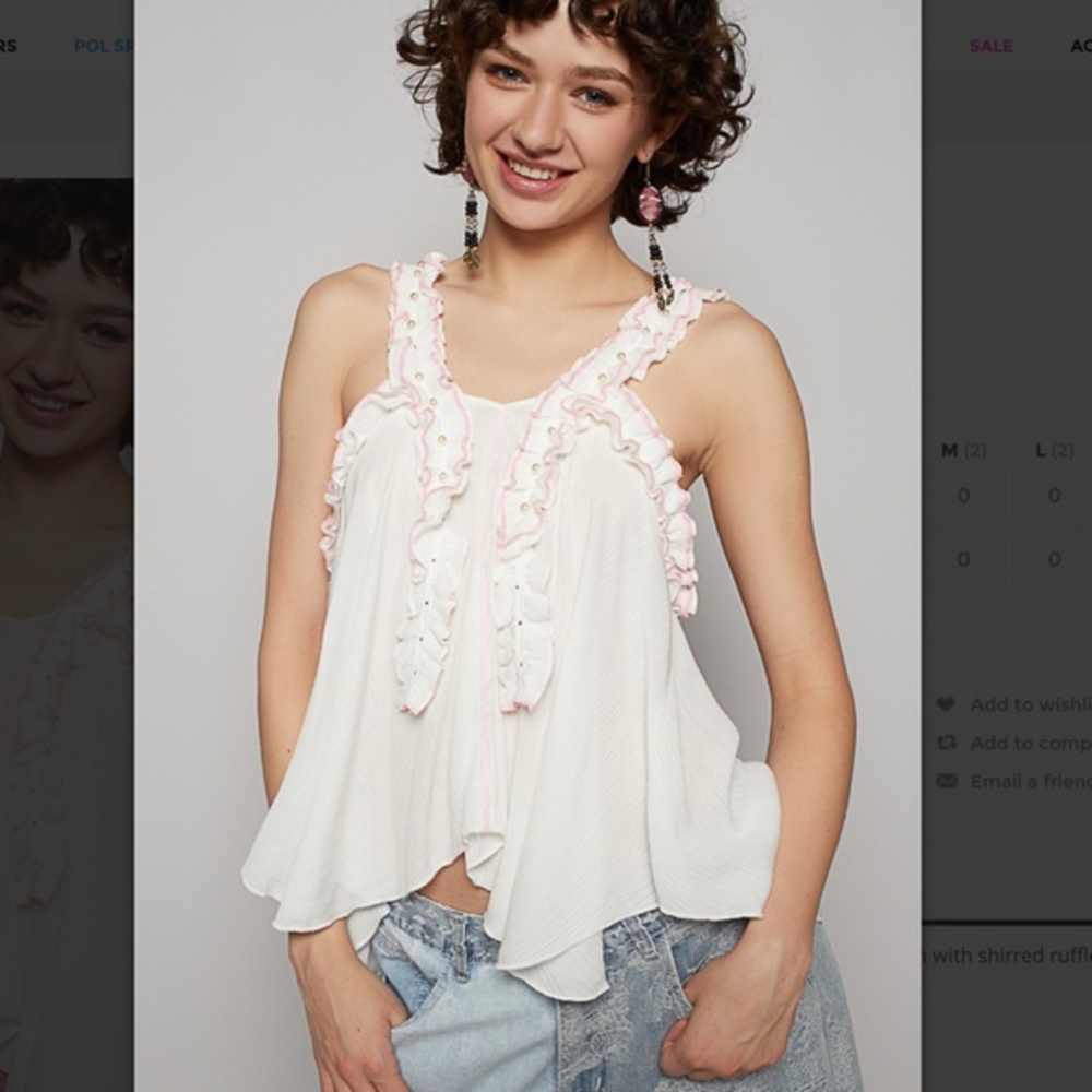 🆕 POL White and Pink Ruffle Tank Top with Pearl Accents. L. NWT!💥 - Picture 1 of 5